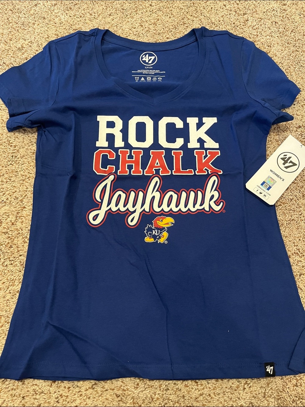 47 Women’s Royal Blue Jayhawk 'Rock Chalk' Tee with White and Red Graphics